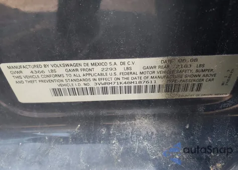 2008 Volkswagen Jetta Se/Sel from USA, damaged, VIN 3VWRM71K48M187611